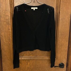 Black V-Neck Open Weave Cropped Button Front Cardigan Top